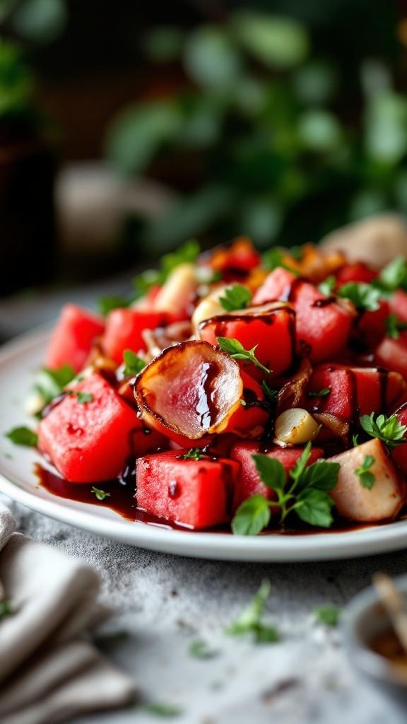 A colorful salad featuring watermelon cubes, prosciutto, herbs, and a balsamic glaze.