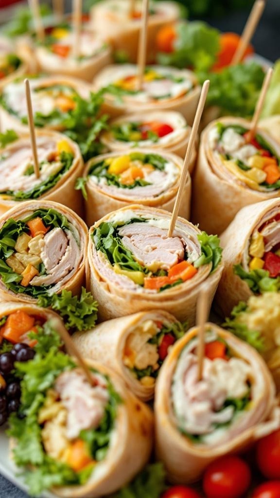 A colorful platter of savory wraps filled with turkey, greens, and vegetables, neatly cut into bite-sized pieces.