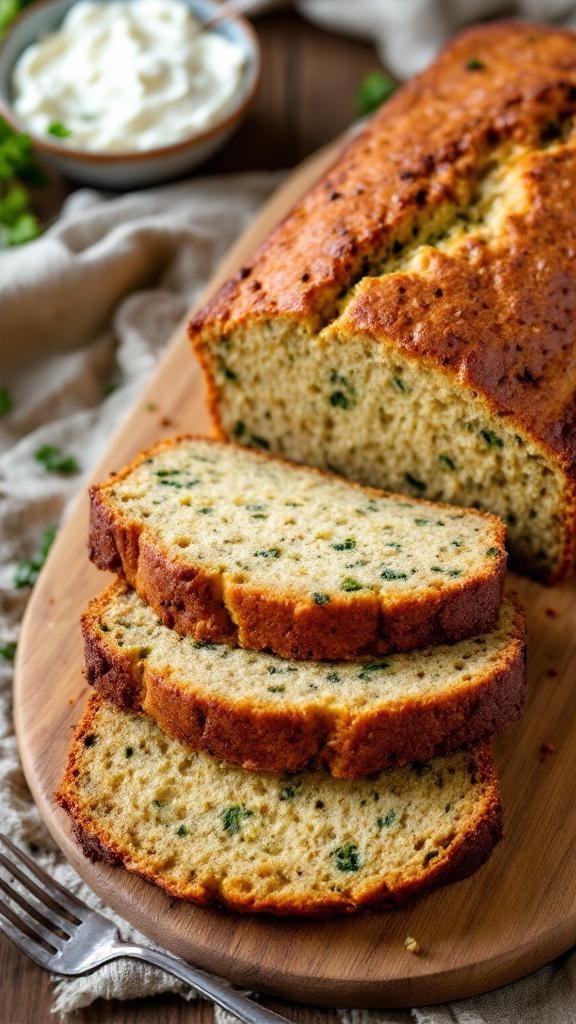 Savory zucchini bread sliced on a wooden board with a bowl of yogurt in the background.