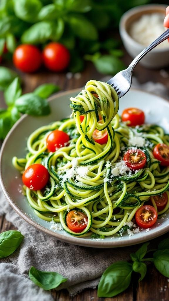 A plate of zucchini noodles with pesto, cherry tomatoes, and basil on a wooden table.