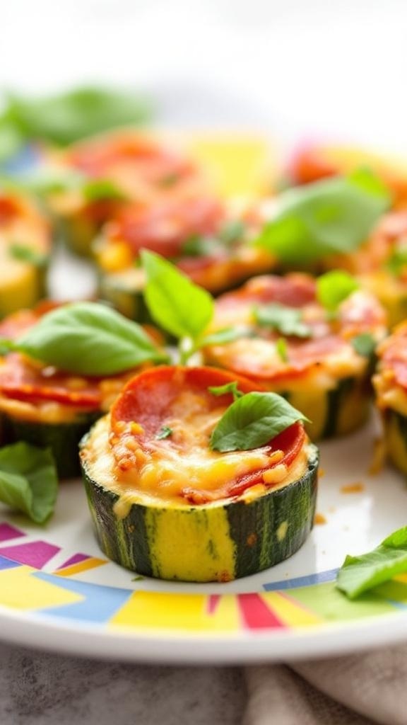 Plate of savory zucchini pizza bites topped with cheese and basil