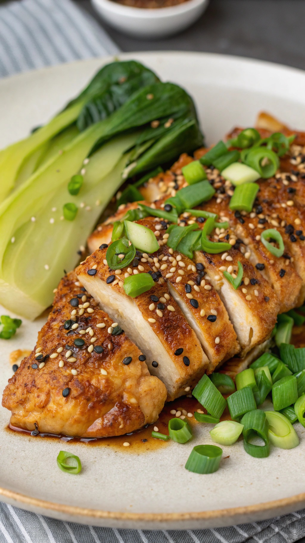 A plate of sesame ginger chicken breast with bok choy and green onions, garnished with sesame seeds.