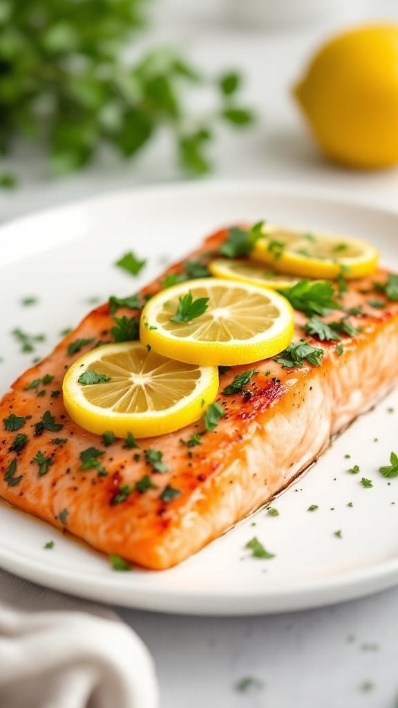 Baked salmon fillet garnished with herbs and lemon slices on a white plate.