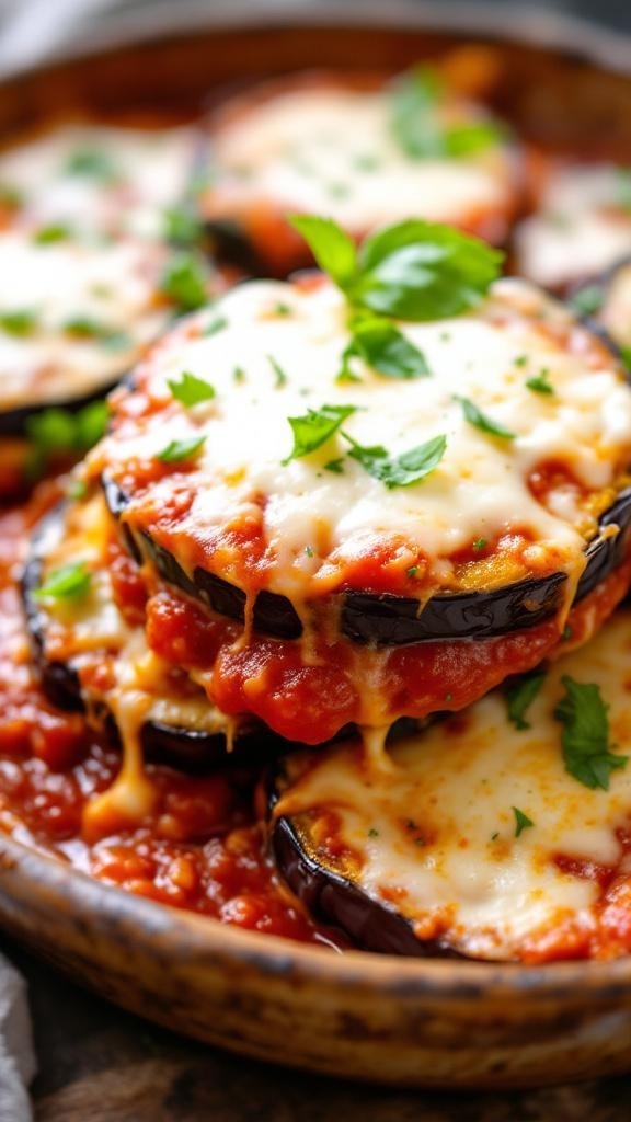 A delicious eggplant parmesan bake with layers of eggplant, marinara sauce, and melted cheese topped with fresh basil.