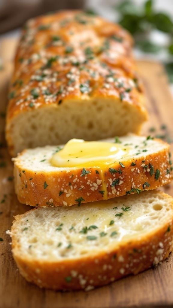 A loaf of garlic bread sliced with melted butter on top, garnished with herbs.