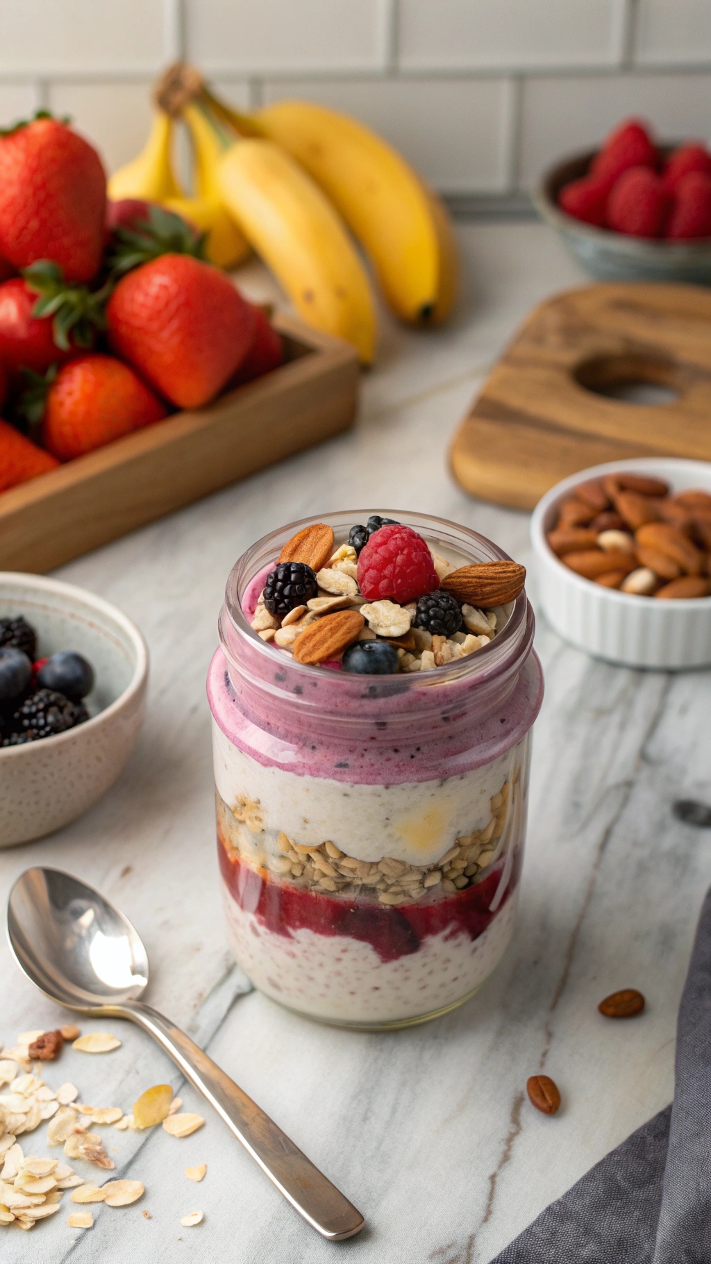 A jar of overnight oats with layers of yogurt, fruits, and nuts, surrounded by fresh strawberries and bananas.