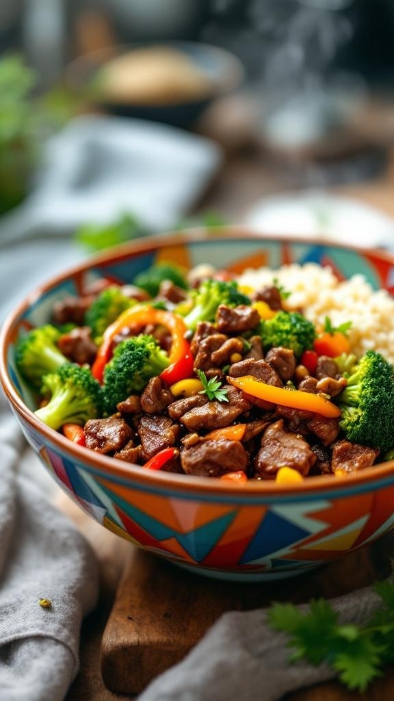 A colorful bowl of keto beef stir-fry with broccoli, bell peppers, and sliced beef.