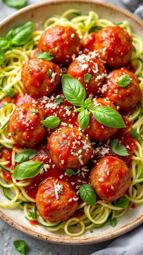 A plate of keto meatballs served with marinara sauce and zucchini noodles, garnished with fresh basil.