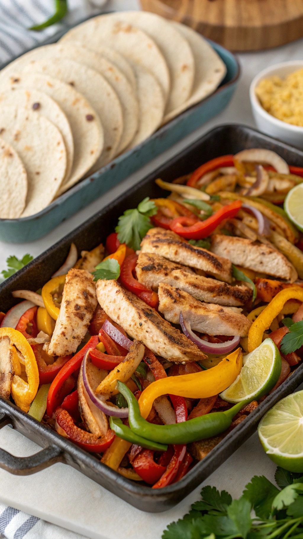 Baked chicken fajitas with colorful peppers and tortillas on the side.