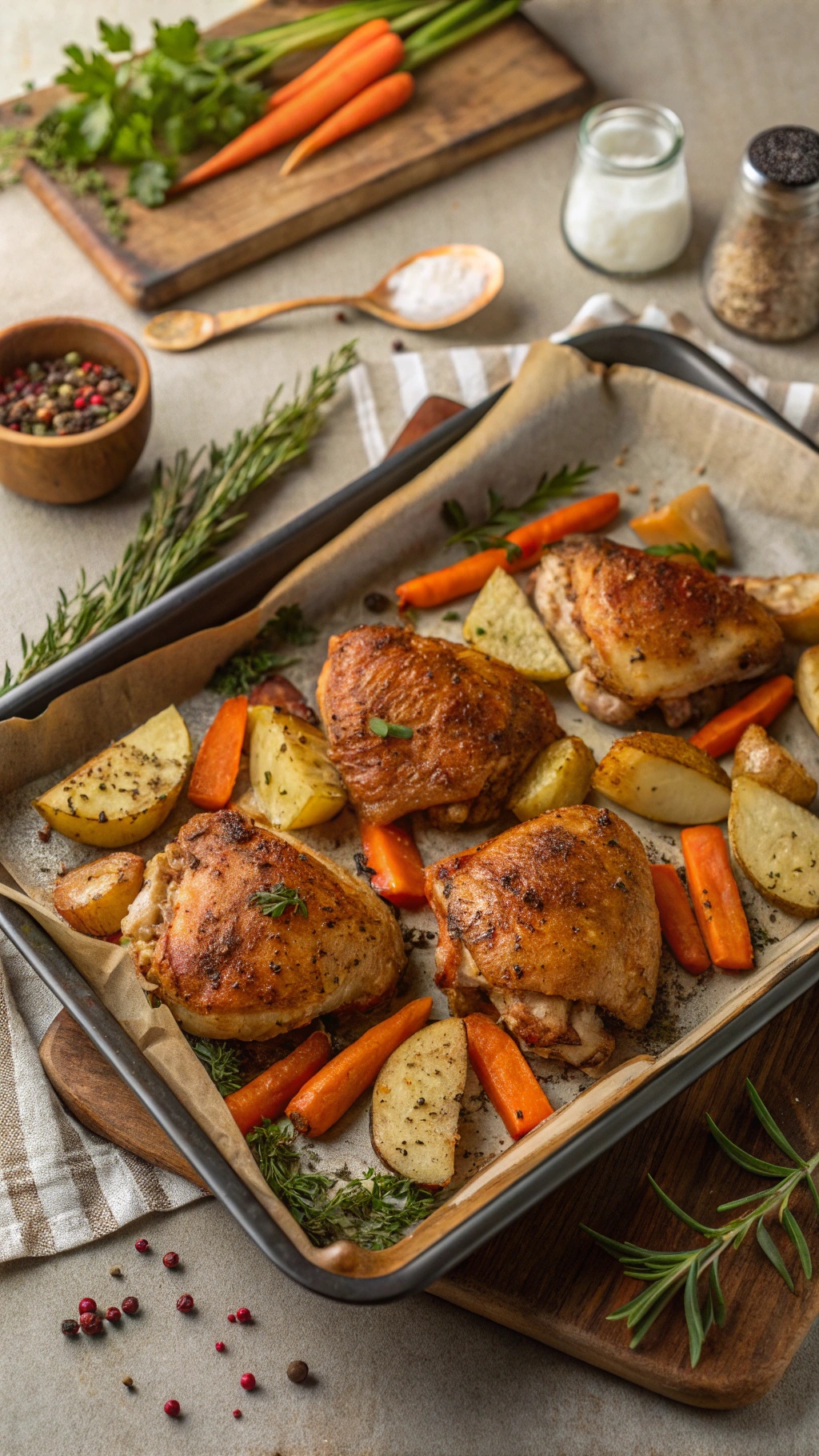 Baked chicken thighs with carrots and potatoes on a baking sheet