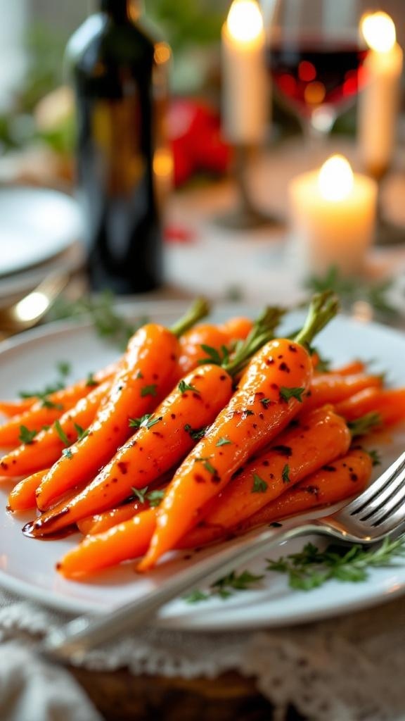 Plate of balsamic glazed carrots garnished with parsley, served with candles and a bottle of wine in the background.