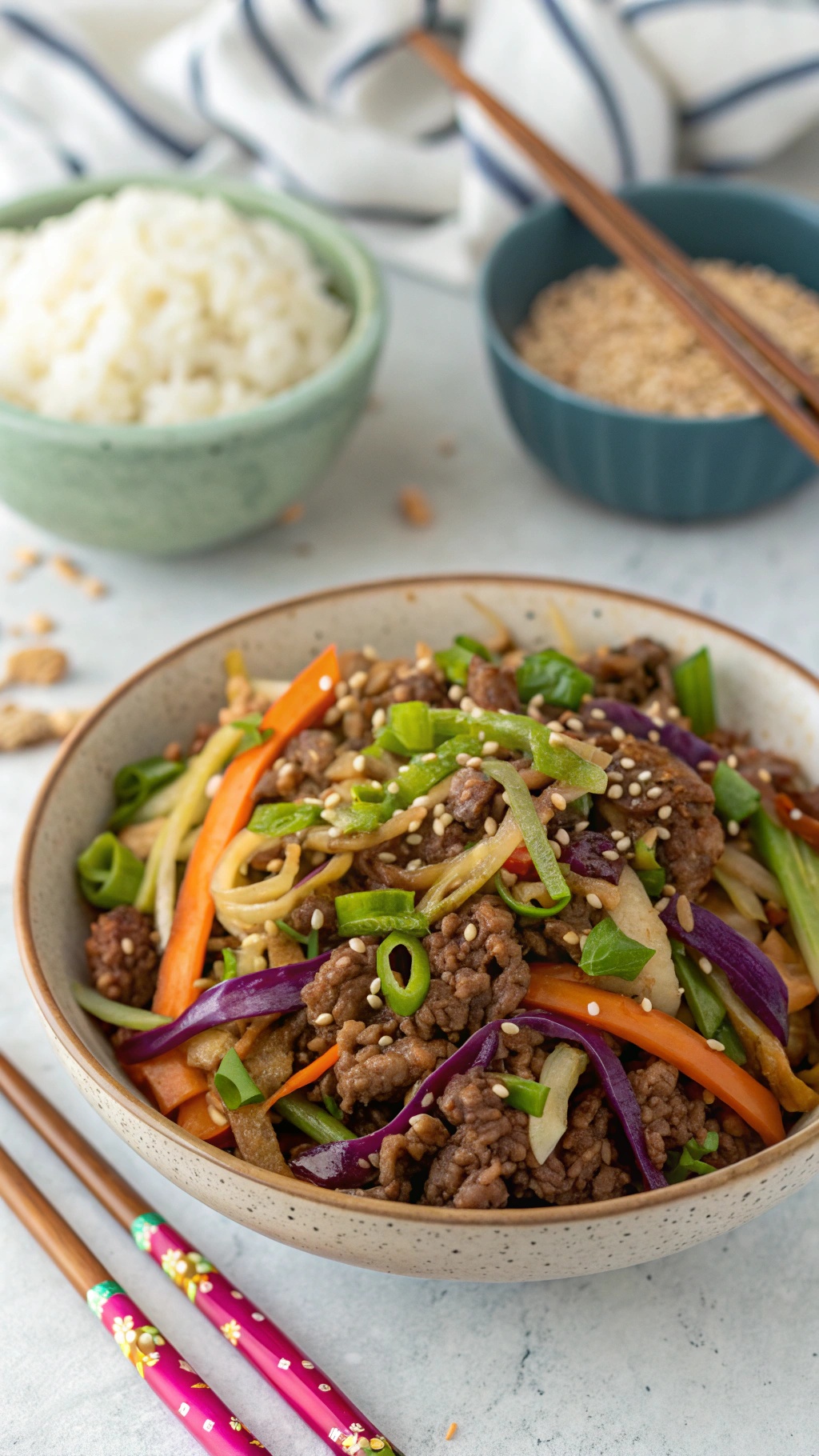 A bowl of beef and cabbage stir-fry with colorful vegetables and rice on the side.
