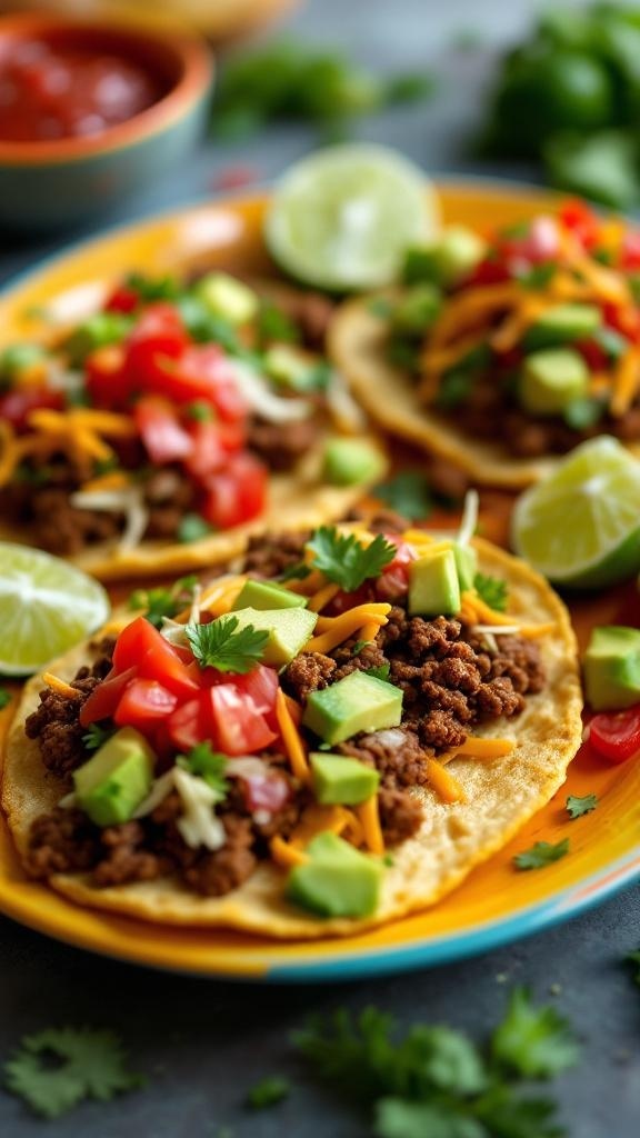A colorful plate of beef tostadas topped with lettuce, tomatoes, avocado, and cheese.