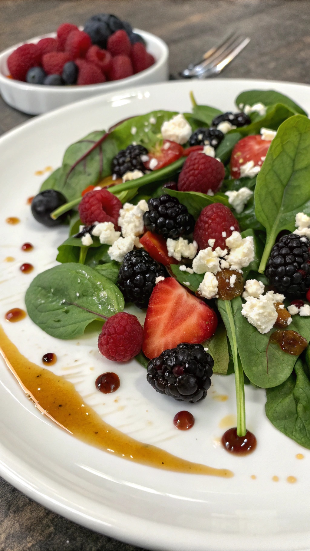 A colorful salad with spinach, strawberries, blackberries, raspberries, and feta cheese.