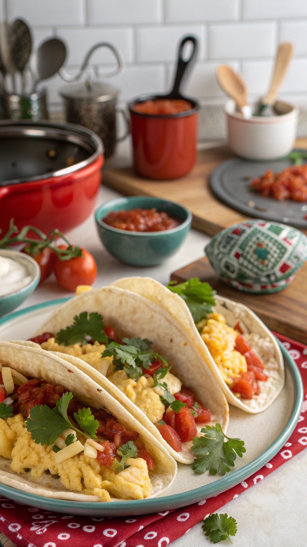 Breakfast tacos with scrambled eggs, salsa, and cheese on a plate