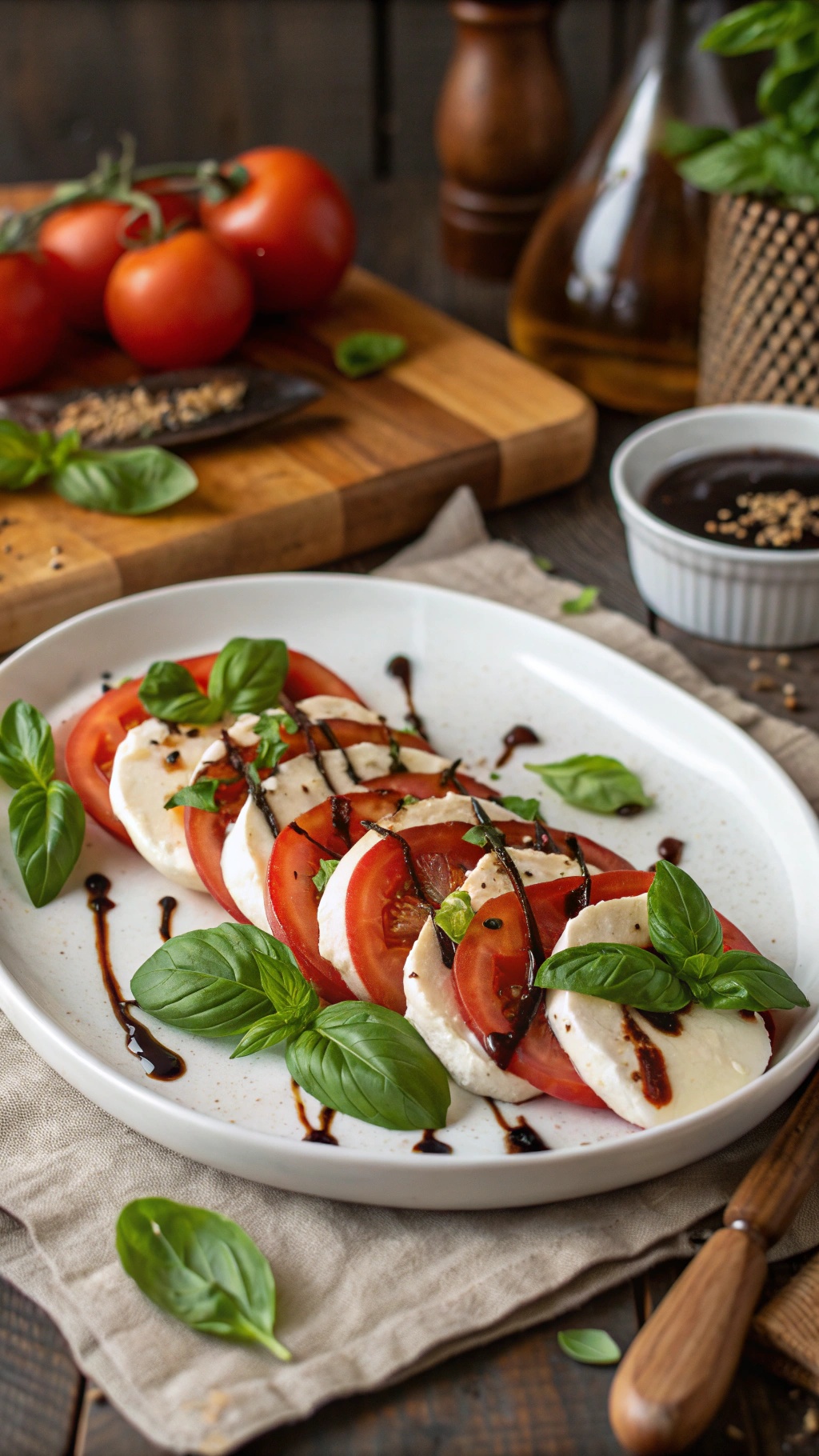 A simple Caprese salad with tomatoes, mozzarella, basil, and balsamic glaze on a white plate.