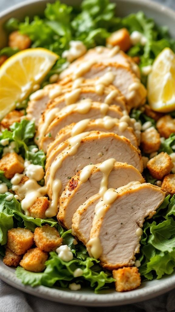 A simple chicken Caesar salad with sliced rotisserie chicken, croutons, and lemon wedges on a bed of greens.