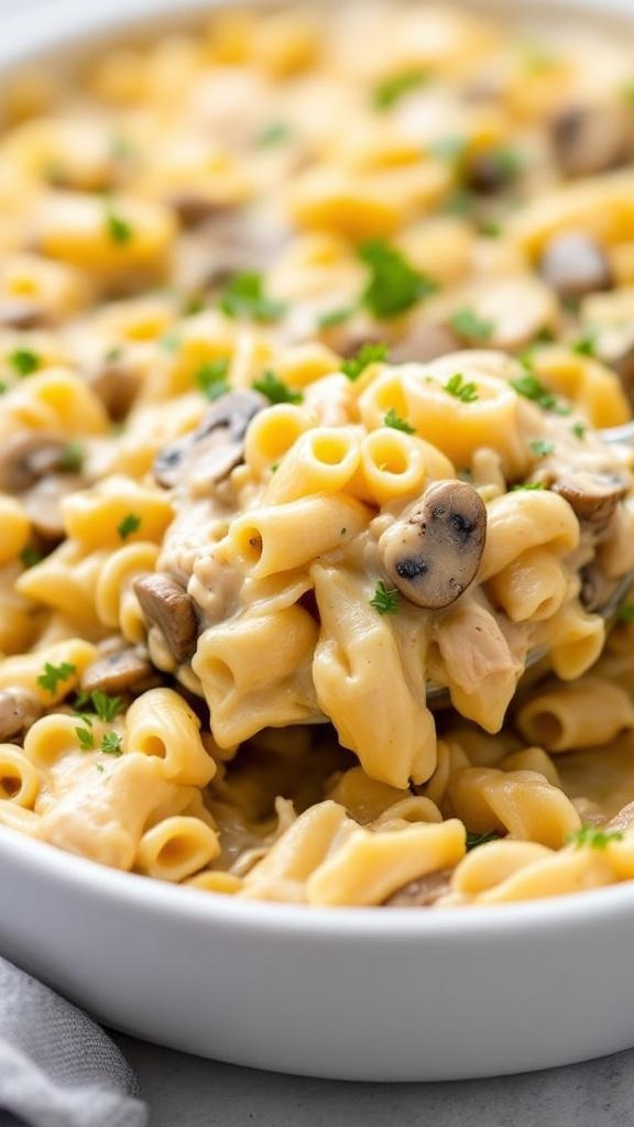A bowl of creamy Chicken Tetrazzini with pasta, chicken, and mushrooms.