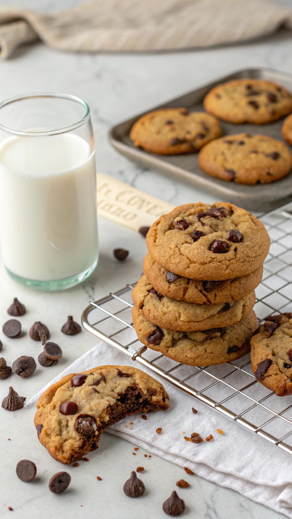 A stack of chocolate chip cookies with a glass of milk and chocolate chips scattered around.