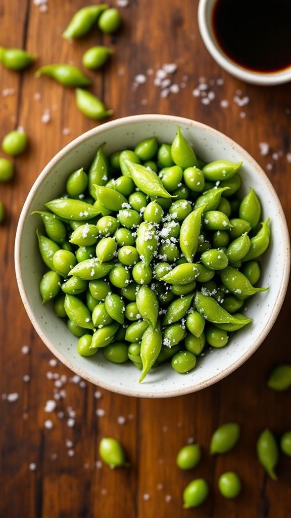 A bowl of steamed edamame sprinkled with sea salt on a wooden table.