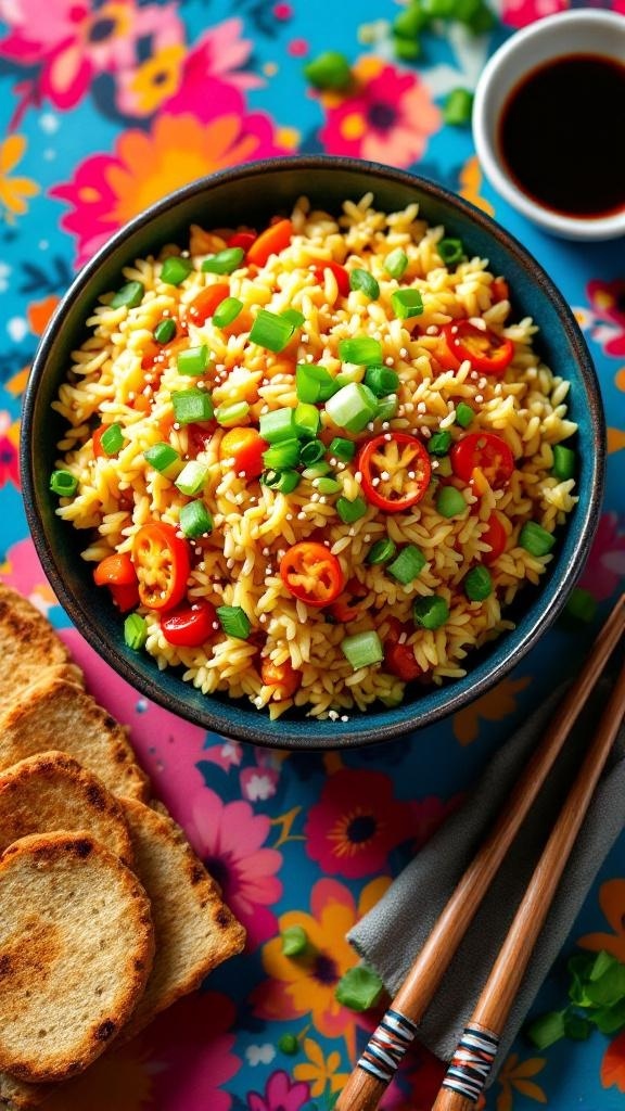 A colorful bowl of egg fried rice with vegetables, garnished with green onions and chili peppers, served with toasted bread and chopsticks.