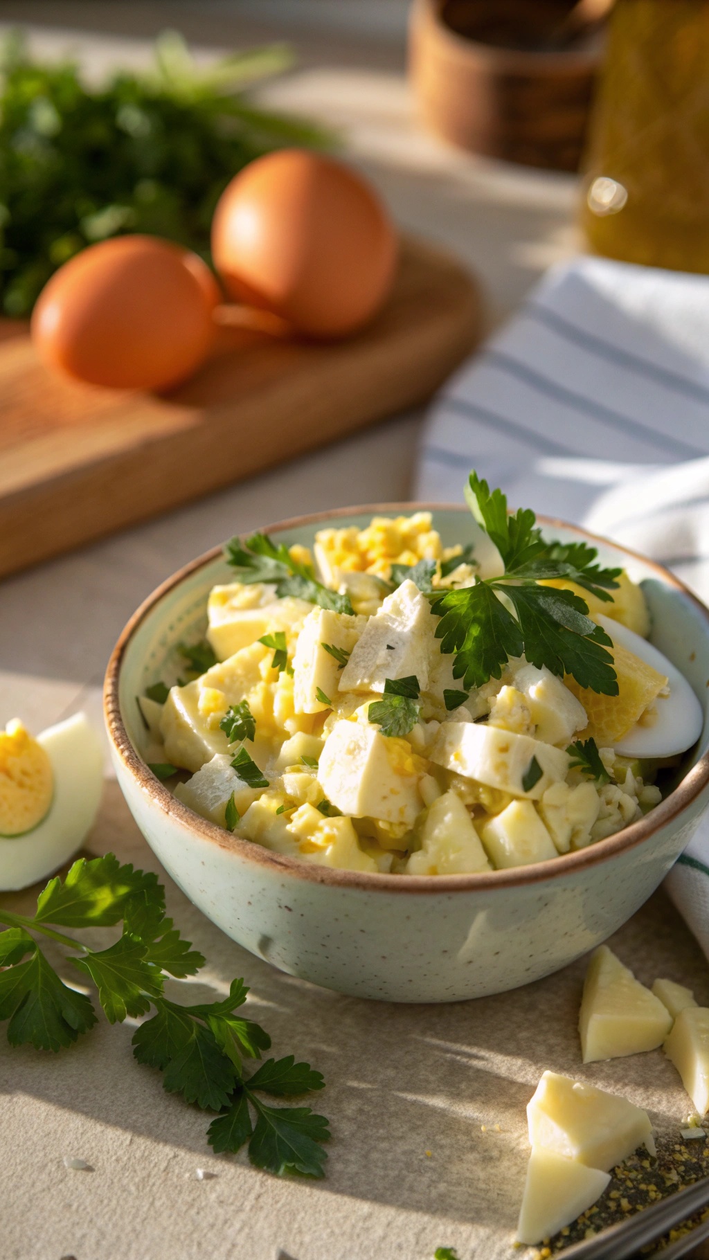 A bowl of egg salad with fresh herbs, surrounded by whole eggs and a cutting board.