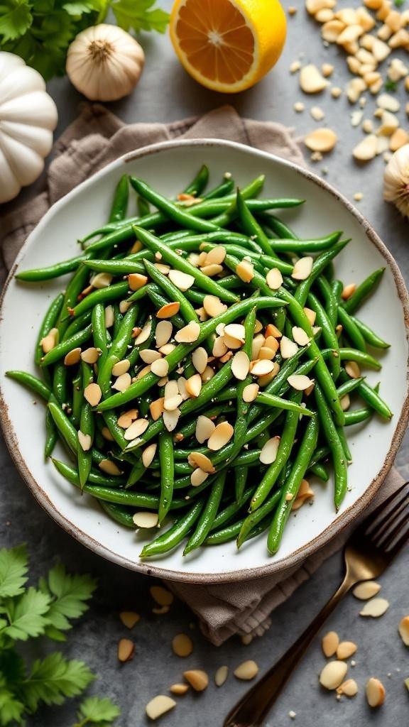 A plate of garlic green beans topped with sliced almonds, surrounded by garlic cloves and a lemon.