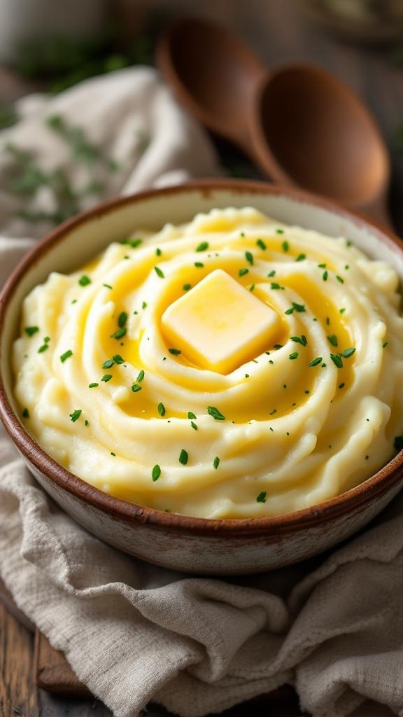 A bowl of creamy garlic mashed potatoes topped with butter and herbs.