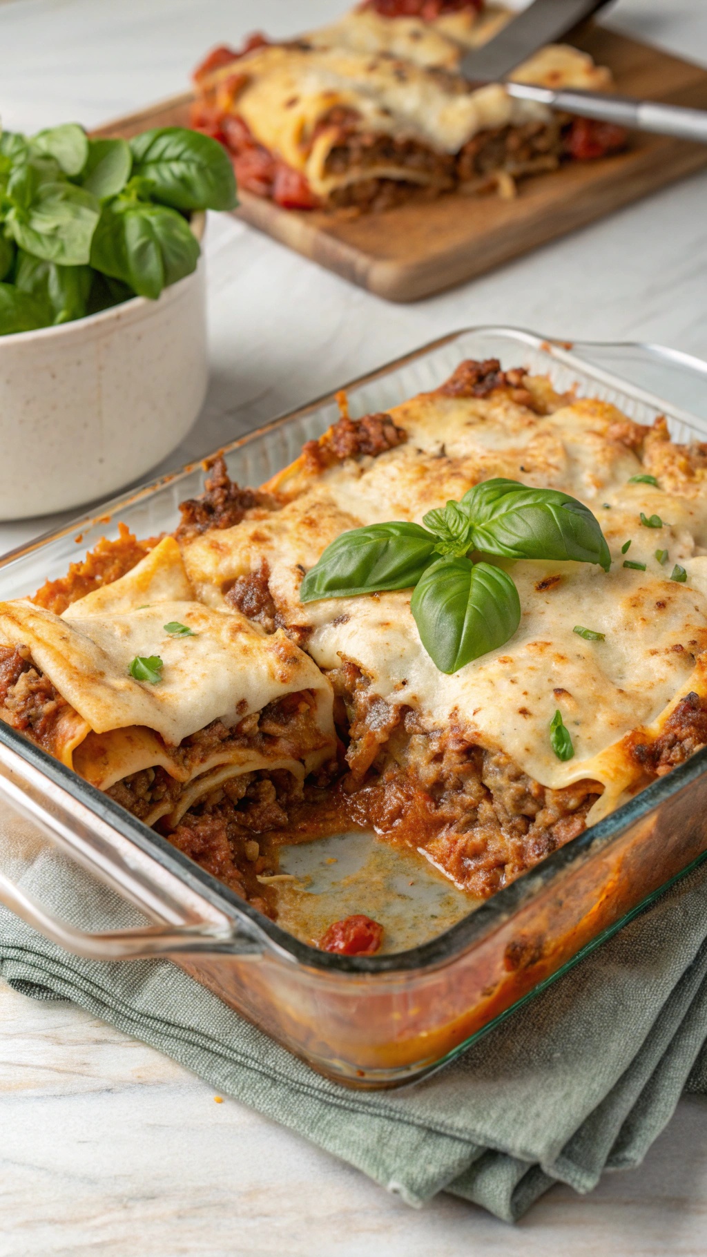 A delicious ground beef casserole topped with melted cheese and fresh basil.