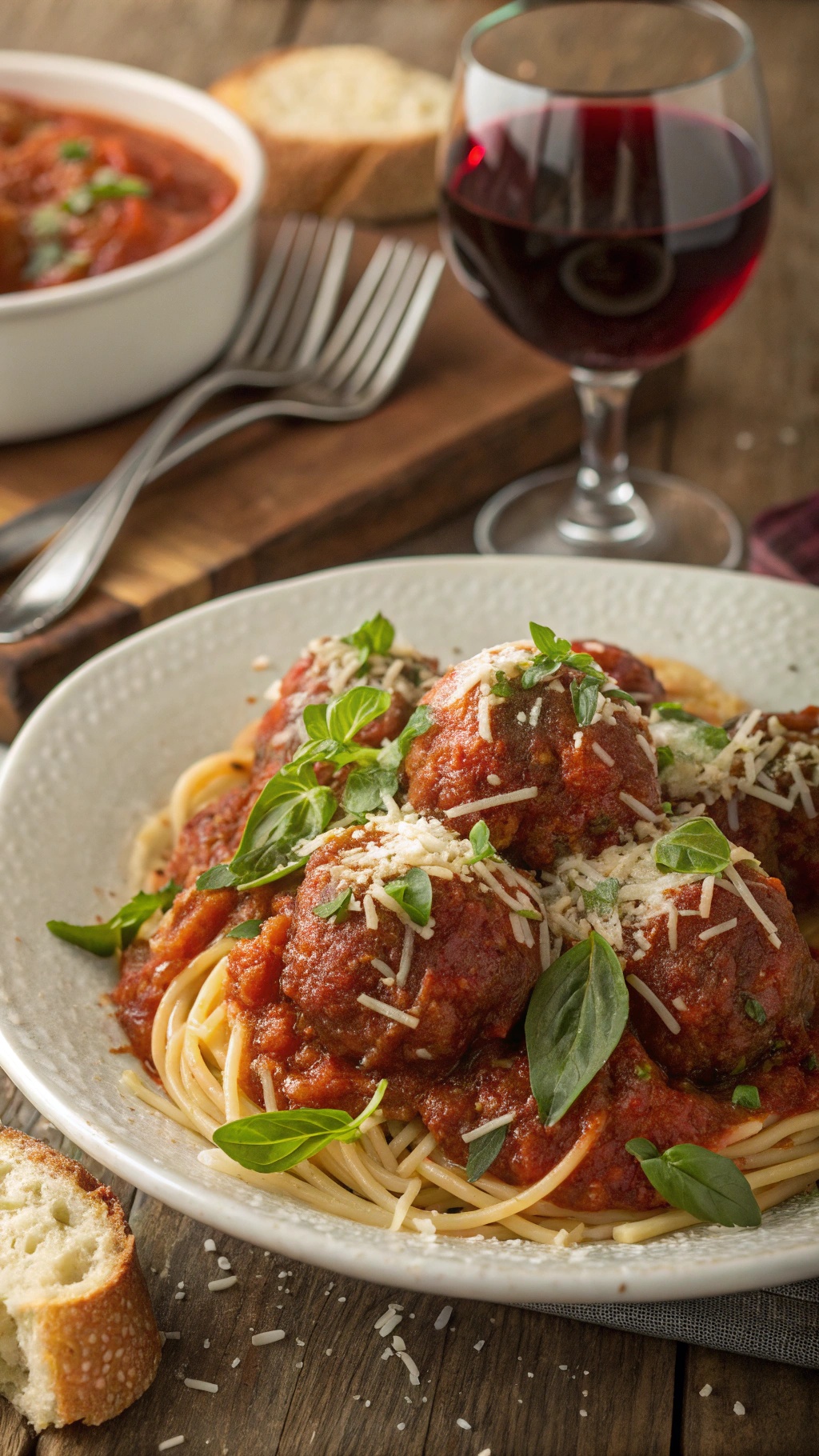 A plate of spaghetti topped with meatballs and marinara sauce, garnished with basil and cheese, alongside a glass of red wine.