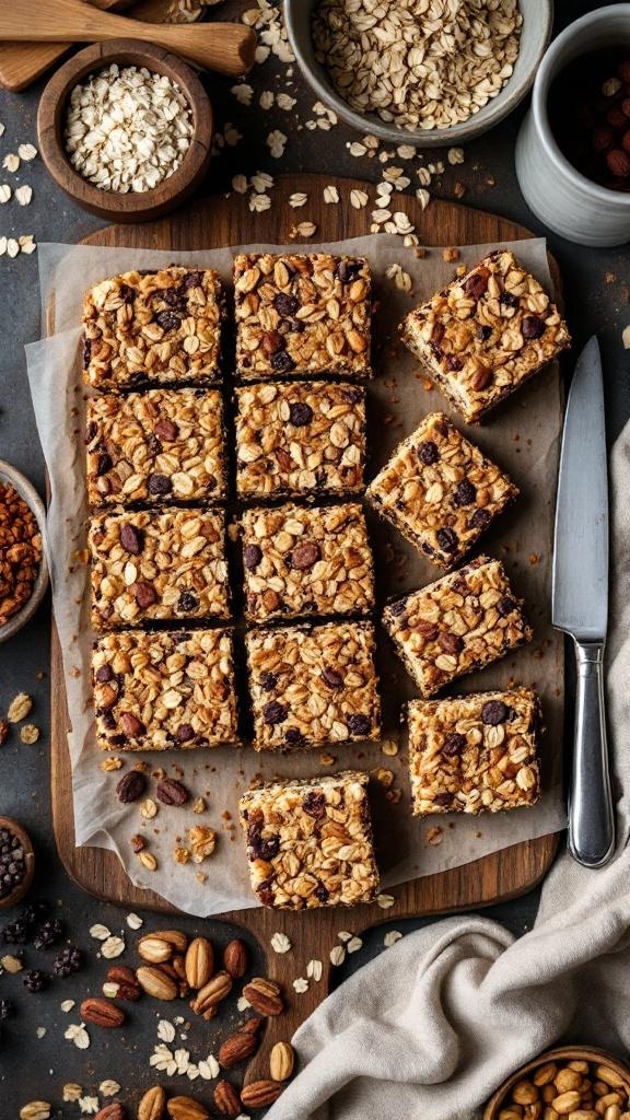Homemade granola bars cut into squares, surrounded by oats and nuts.