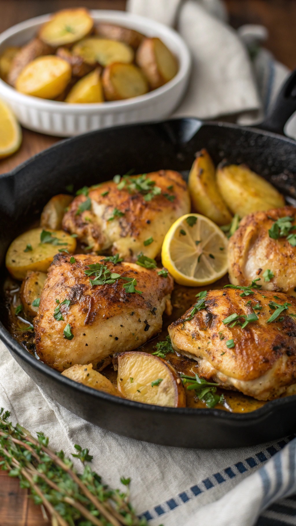 A skillet with lemon garlic chicken thighs and roasted potatoes.