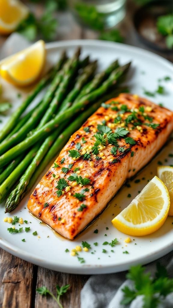 Grilled salmon fillet with asparagus and lemon wedges on a plate