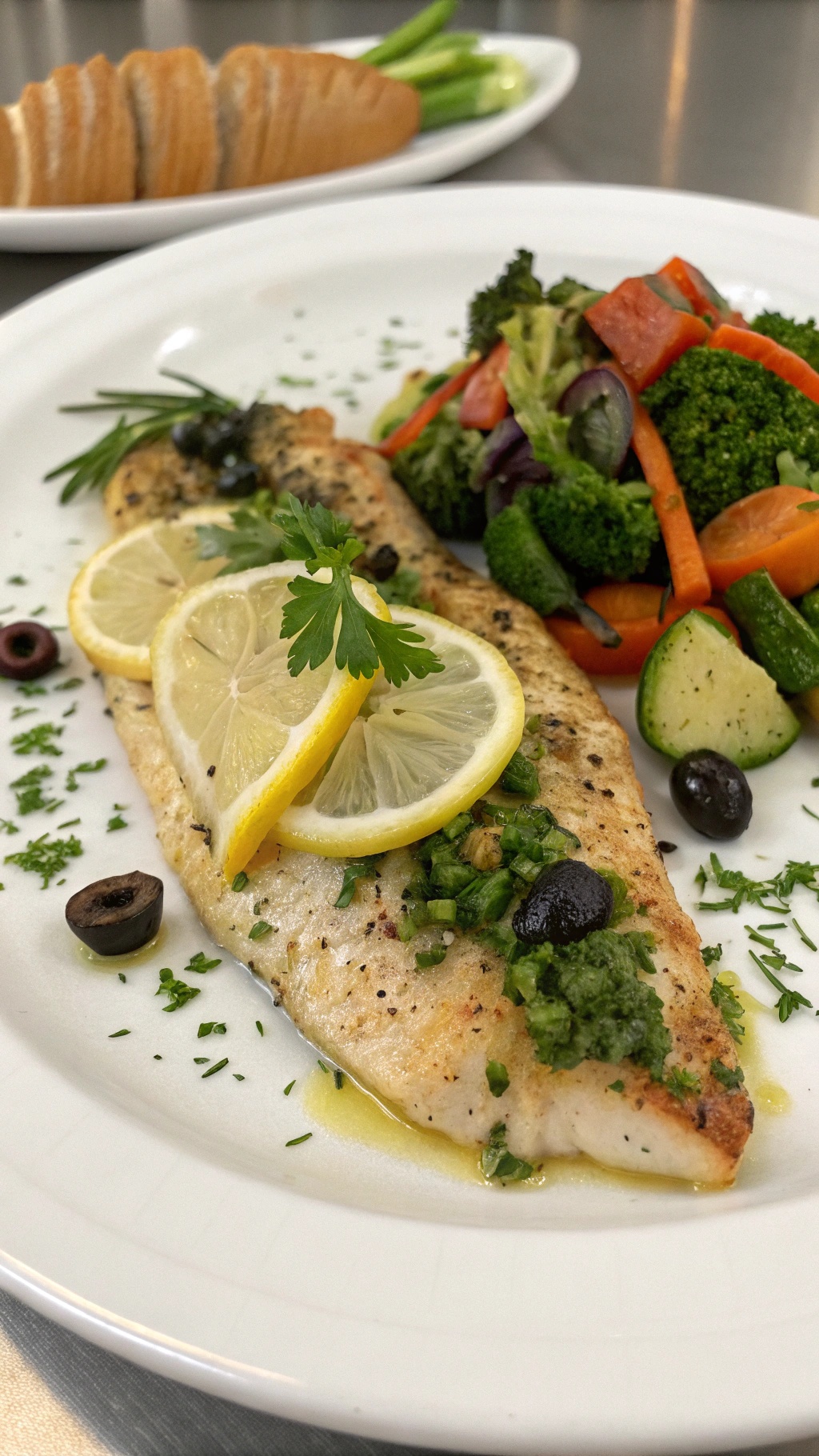 A plate of baked fish garnished with lemon slices and herbs, served with colorful sautéed vegetables and bread.