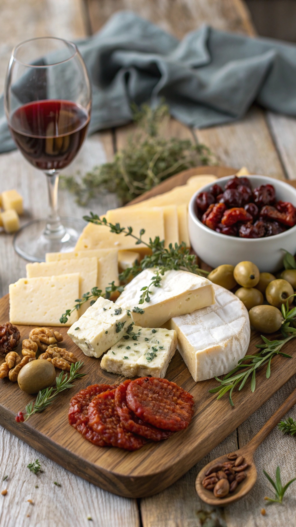 A beautifully arranged Mediterranean cheese board featuring various cheeses, chorizo, olives, walnuts, and sun-dried tomatoes, accompanied by a glass of red wine.