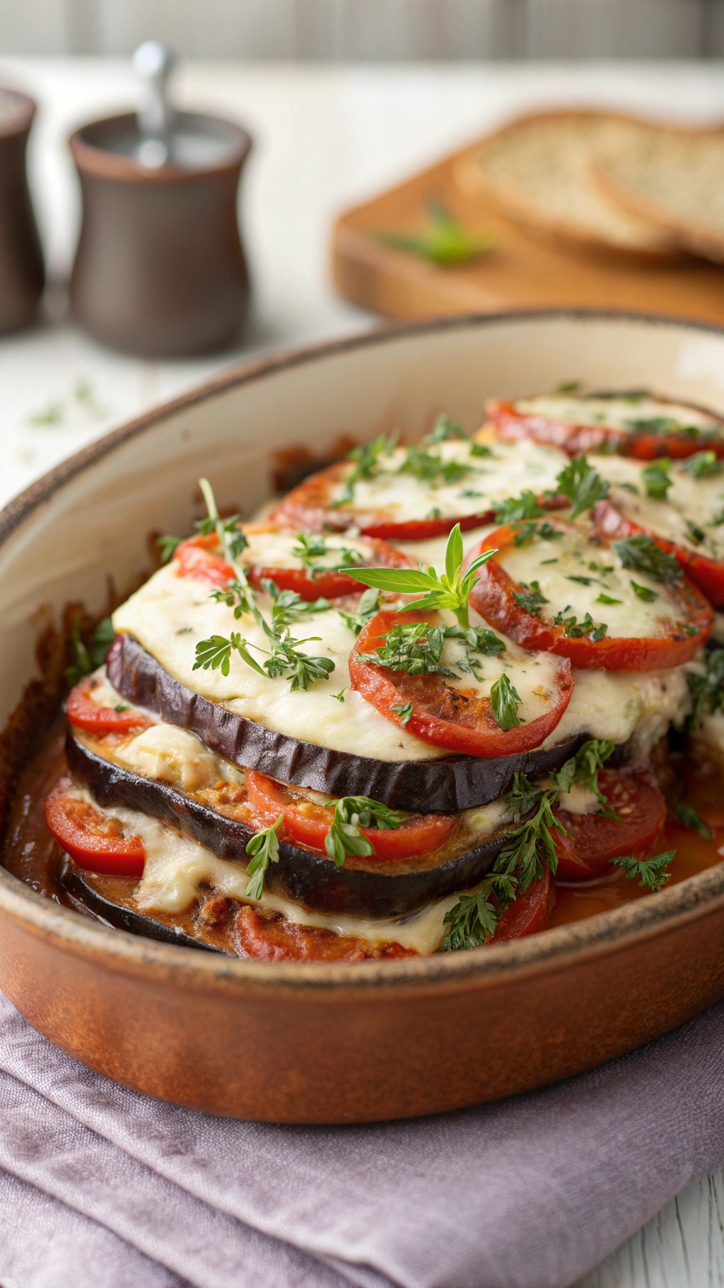 A delicious Mediterranean eggplant bake with layers of eggplant, tomatoes, and melted cheese, garnished with fresh herbs.