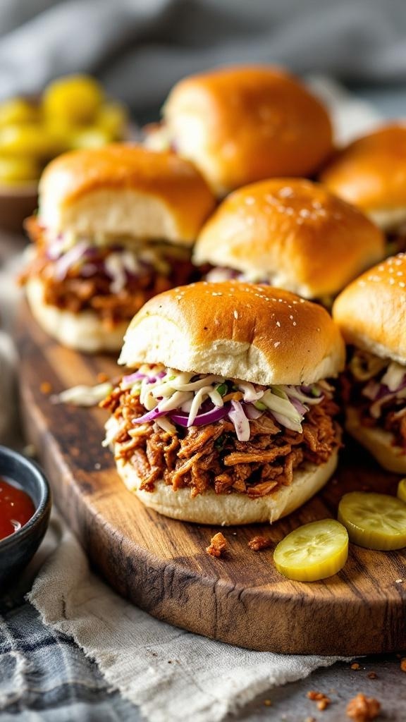 A platter of pulled pork sliders, topped with coleslaw and served with pickles.