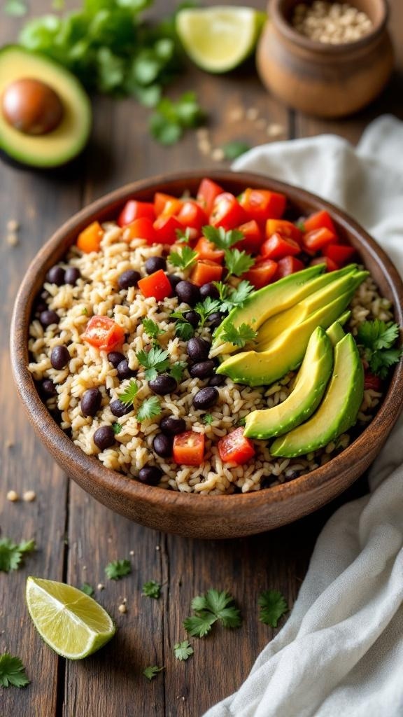 A colorful rice and bean bowl topped with diced tomatoes, avocado slices, and fresh cilantro, served with lime wedges.