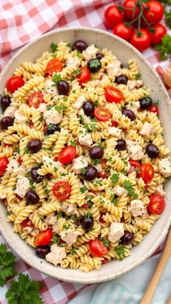 A colorful bowl of rotisserie chicken pasta salad with cherry tomatoes, black olives, and fresh parsley.