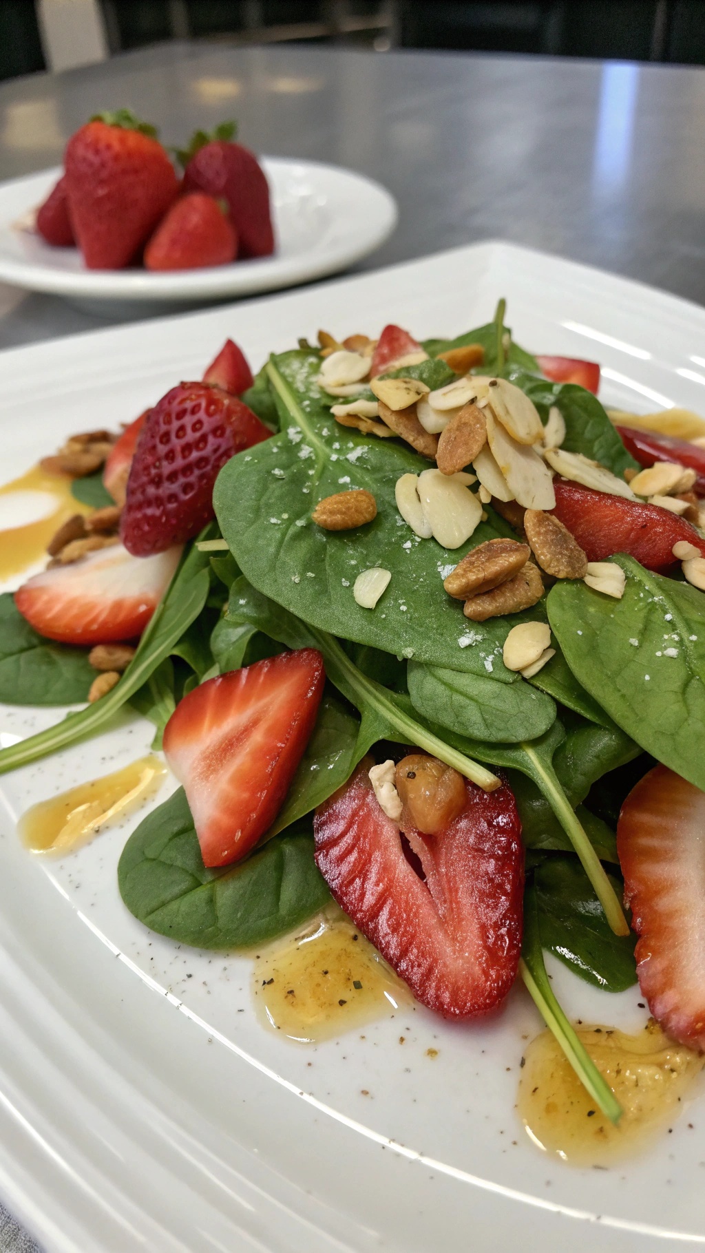 A fresh spinach and strawberry salad topped with almonds and a light dressing.