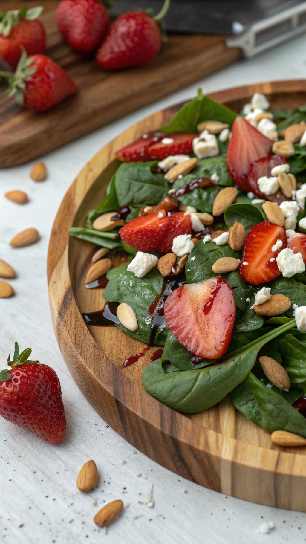 A simple spinach salad topped with strawberries, almonds, and feta cheese on a wooden plate.
