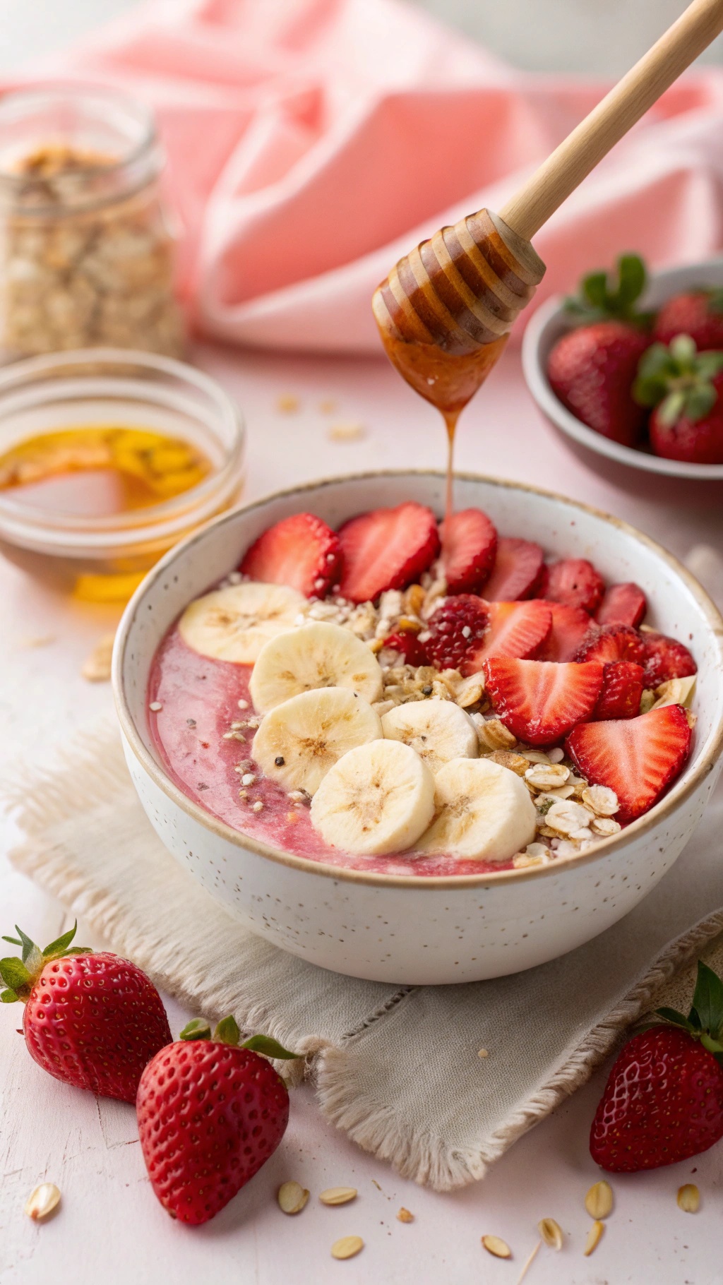 A simple strawberry banana smoothie bowl topped with fresh strawberries, bananas, and a drizzle of honey.