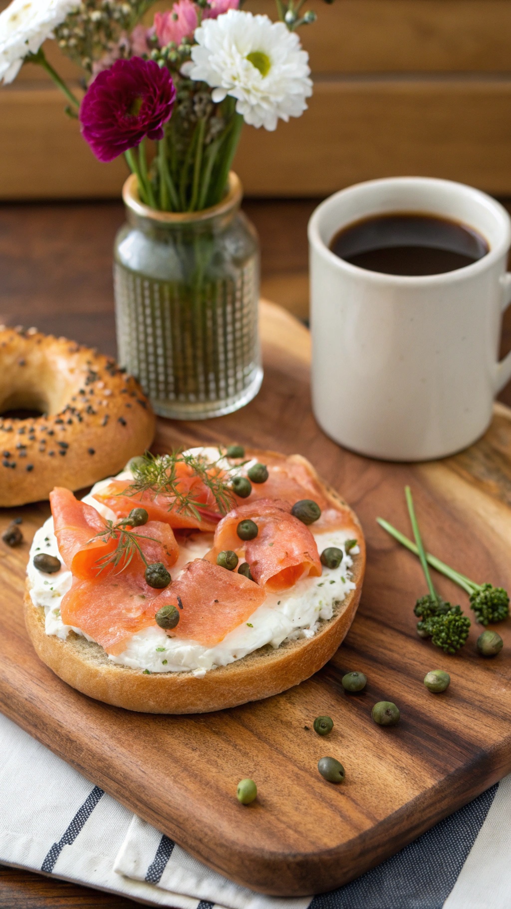 A toasted bagel topped with cream cheese and lox, served with a cup of coffee and flowers.