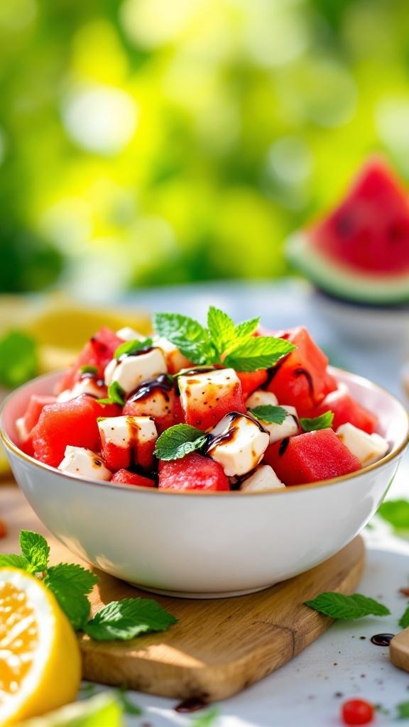 A bowl of watermelon feta salad with mint leaves and balsamic glaze