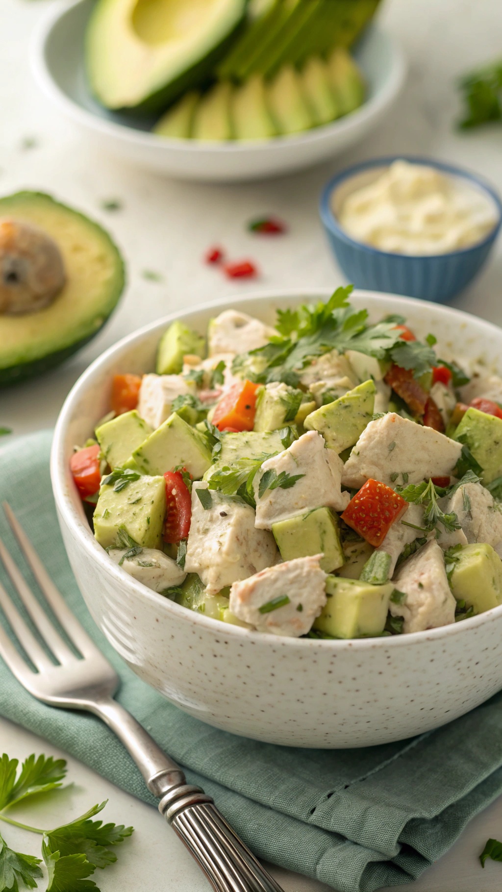 A bowl of avocado chicken salad with diced chicken, avocado, tomatoes, and cilantro.