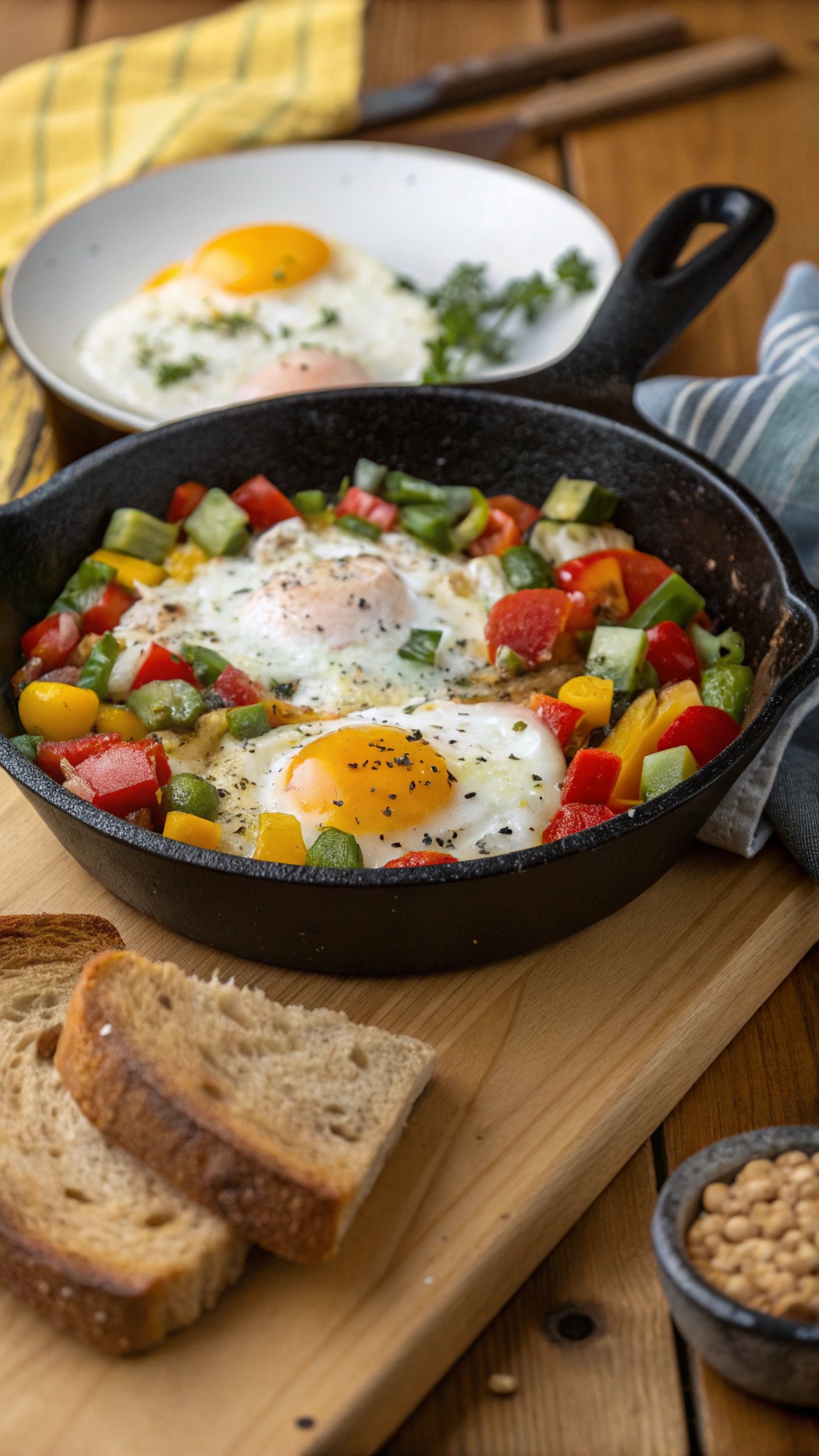 A colorful breakfast skillet with eggs and bell peppers, served with slices of toasted bread.
