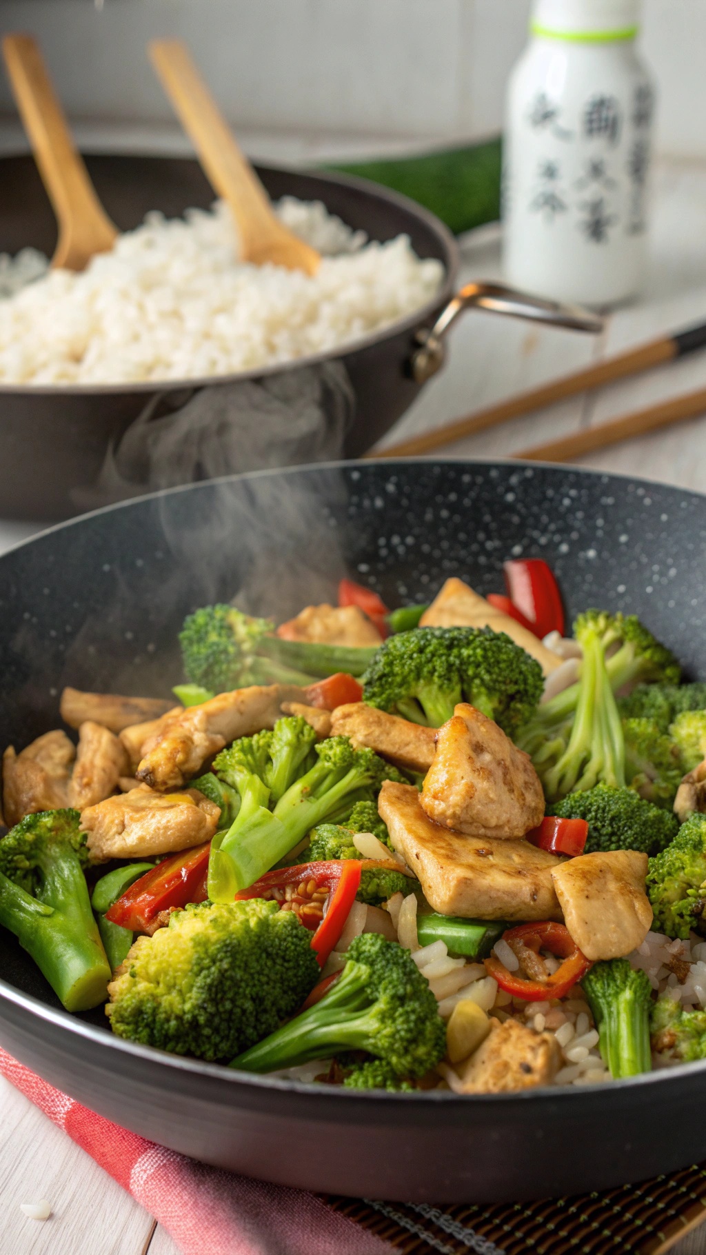 A colorful chicken and broccoli stir-fry in a pan, with rice in the background.
