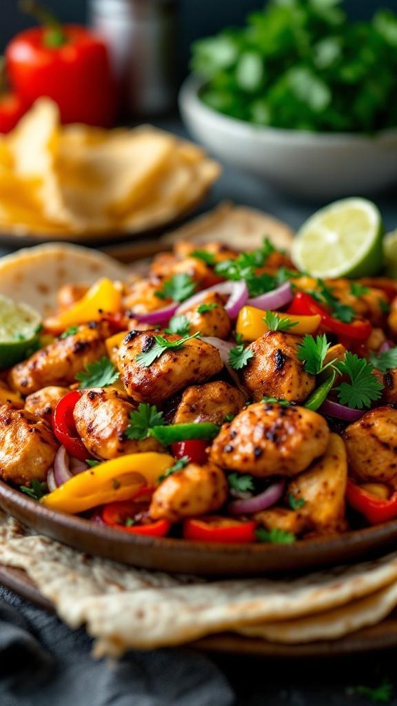 A plate of sizzling rotisserie chicken fajitas with colorful peppers and onions, garnished with cilantro and lime.