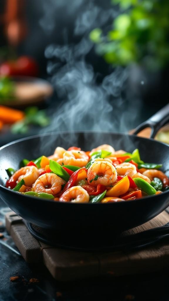 A sizzling shrimp and vegetable stir-fry in a black wok, featuring colorful bell peppers and snap peas.