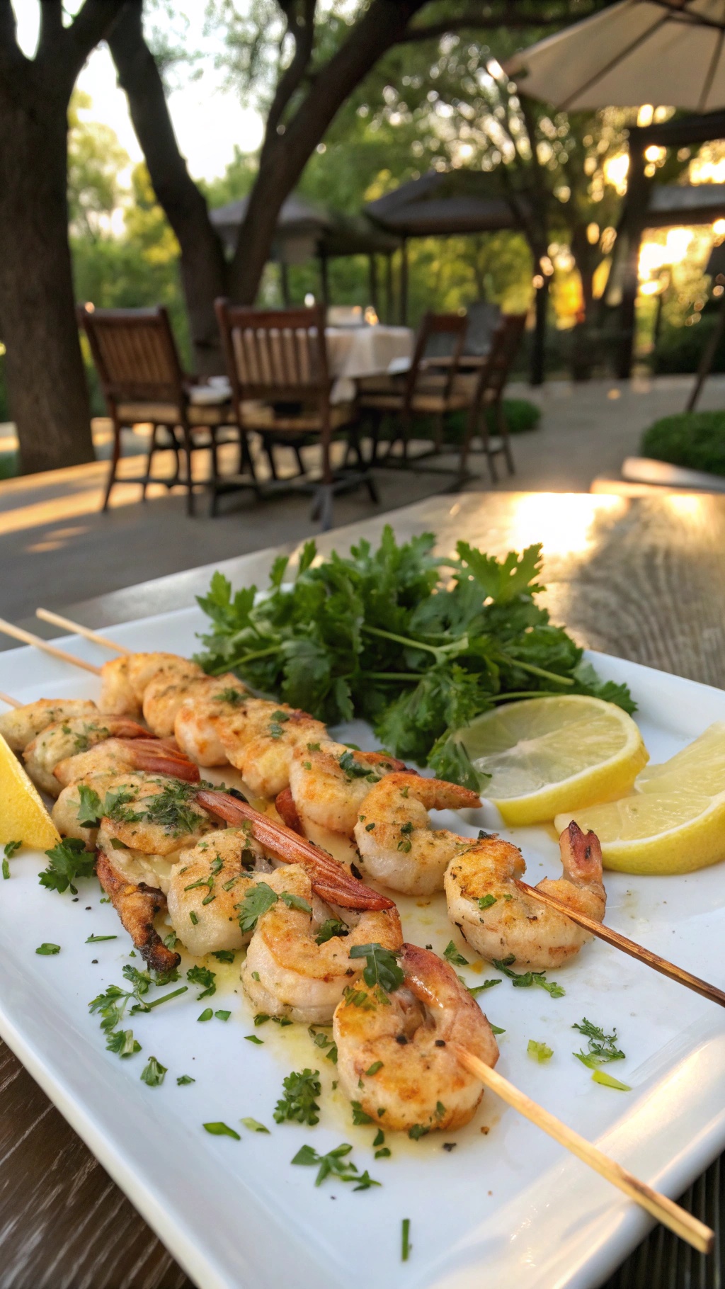 Sizzling shrimp skewers with garlic and herbs on a plate, garnished with parsley and lemon wedges.